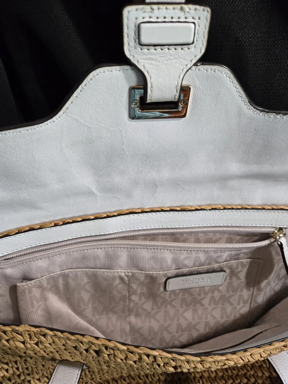 Michael Kors Naomi White Leather Trim Natural Straw Tote